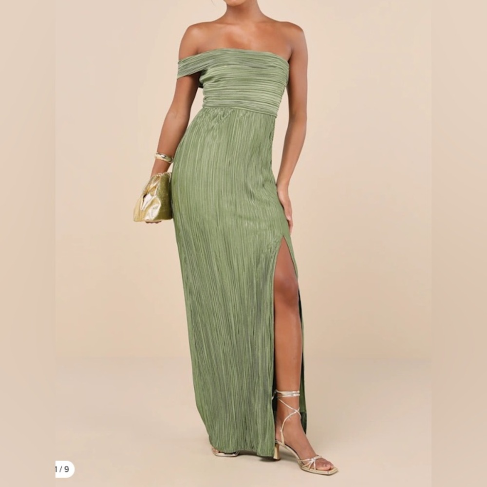 NWT : Poised Performance Olive Green Plisse One-Shoulder Maxi Dress size large